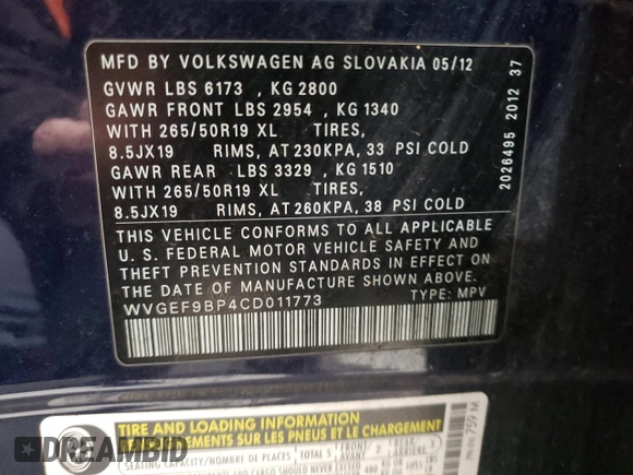 2012 Volkswagen Touareg Exec with VIN WVGEF9BP4CD011773, listed as a Copart auction lot 82461264 with 230,231 mi miles and Clean Title. Bid and sale history available at DreamBid. Image 13.