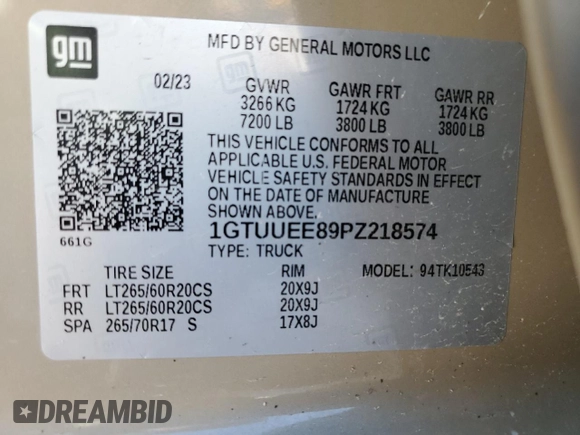 2023 GMC Sierra 1500 AT4 with VIN 1GTUUEE89PZ218574, listed as a Copart auction lot 55883305 with 34,239 mi miles and Salvage title. Bid and sale history available at DreamBid. Image 12.