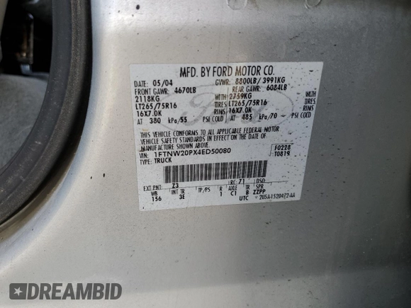 2004 Ford F-250 XL with VIN 1FTNW20PX4ED50080, listed as a Copart auction lot 51848845 with 79,132 mi miles and Clean title. Bid and sale history available at DreamBid. Image 12.