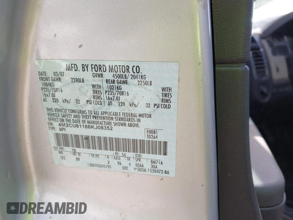 2008 Mercury Mariner with VIN 4M2CU81188KJ08352, listed as a IAAI auction lot 41790253 with 133,189 mi miles and . Bid and sale history available at DreamBid. Image 9.
