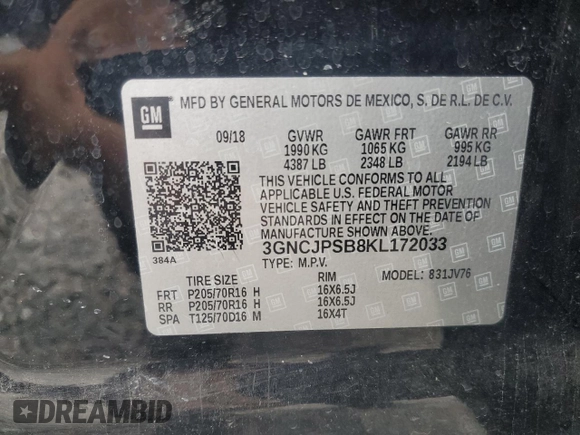 2019 Chevrolet Trax LT with VIN 3GNCJPSB8KL172033, listed as a Copart auction lot 48250125 with 98,956 mi miles and Salvage Title. Bid and sale history available at carsss.com. Image 13.