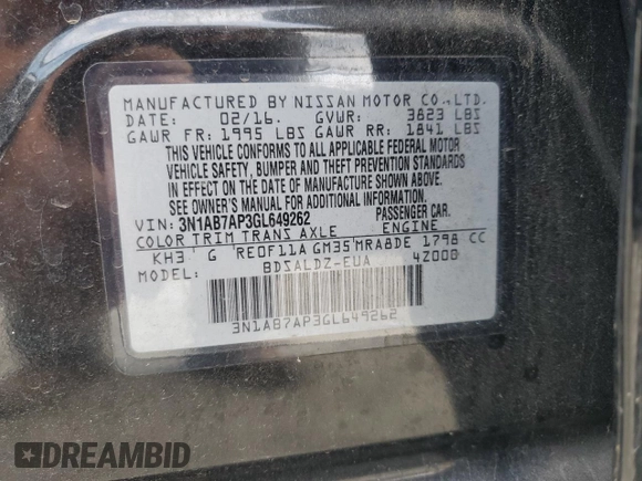 2016 Nissan Sentra SR with VIN 3N1AB7AP3GL649262, listed as a Copart auction lot 43995405 with 191,342 mi miles and Salvage Title. Bid and sale history available at DreamBid. Image 13.