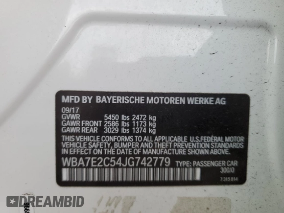 2018 BMW 7 Series 740i with VIN WBA7E2C54JG742779, listed as a Copart auction lot 49012365 with 0 mi miles and Clean Title. Bid and sale history available at carsss.com. Image 12.