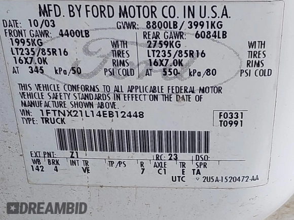 2004 Ford F-250 XL with VIN 1FTNX21L14EB12448, listed as a IAAI auction lot 42280654 with 231,008 mi miles and . Bid and sale history available at DreamBid. Image 9.