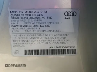 2013 Audi Q5 Premium Plus with VIN WA1LFAFP3DA053890, listed as a Copart auction lot 86783444 with 71,679 mi miles and Salvage Title. Bid and sale history available at carsss.com. Image 13.