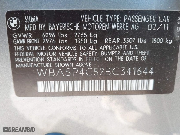 2011 BMW 5 Series Gran Turismo 550i xDrive with VIN WBASP4C52BC341644, listed as a IAAI auction lot 41694573 with 202,983 mi miles. Bid and sale history available at carsss.com. Image 9.