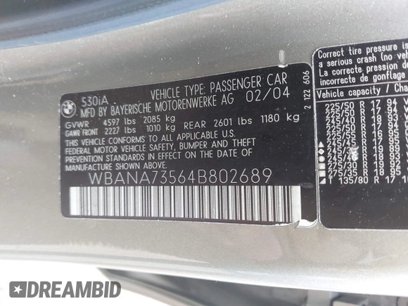 2004 BMW 5 Series 530i with VIN WBANA73564B802689, listed as a IAAI auction lot 42754924 with 200,213 mi miles and . Bid and sale history available at DreamBid. Image 9.