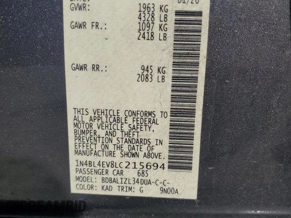 2020 Nissan Altima 2.5 SL with VIN 1N4BL4EV8LC215694, listed as a Copart auction lot 47410145 with 156,191 mi miles and Salvage Title. Bid and sale history available at carsss.com. Image 14.