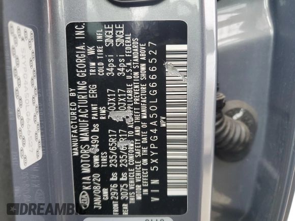 2020 Kia Sorento LX with VIN 5XYPG4A50LG666527, listed as a Copart auction lot 48508885 with 101,252 mi miles and Clean Title. Bid and sale history available at DreamBid. Image 13.