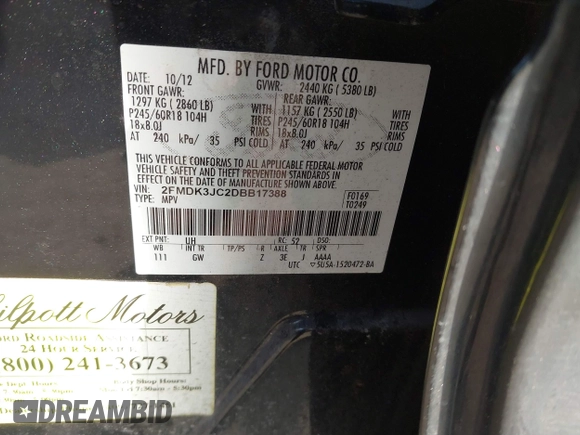 2013 Ford Edge SEL with VIN 2FMDK3JC2DBB17388, listed as a IAAI auction lot 41066420 with 155,259 mi miles. Bid and sale history available at carsss.com. Image 9.