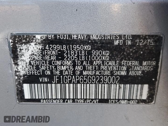 2016 Subaru Impreza Special Sports Premium with VIN JF1GPAP65G9239002, listed as a Copart auction lot 51637825 with Not provided miles and Salvage title. Bid and sale history available at DreamBid. Image 14.