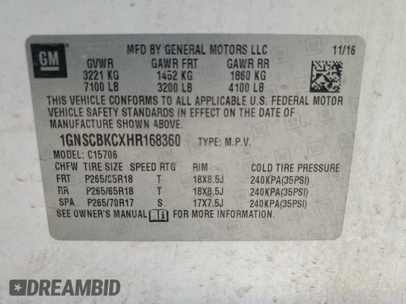 2017 Chevrolet Tahoe LT z VIN 1GNSCBKCXHR168360, wystawiony jako Copart lot #49990515 z przebiegiem 225 421 mil mil oraz Szkoda całkowita • Salvage title. Historia ofert i sprzedaży dostępna na DreamBid. Obrazek 12.