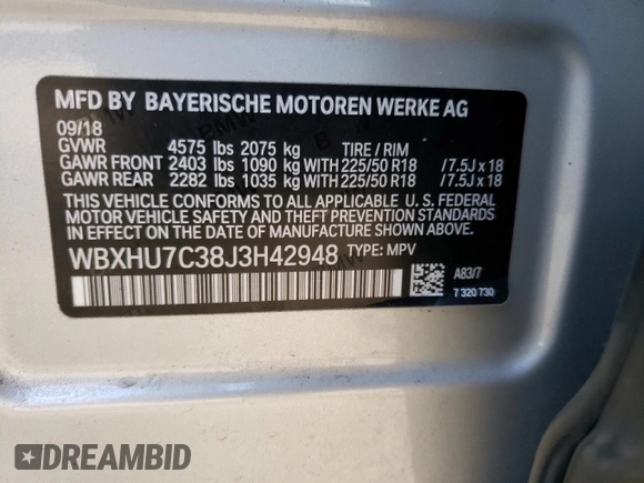 2018 BMW X1 sDrive28i with VIN WBXHU7C38J3H42948, listed as a Copart auction lot 52061793 with 26,991 mi miles and . Bid and sale history available at DreamBid. Image 13.