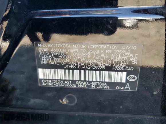 2010 Lexus ES 330 with VIN JTHBK1EG4A2409735, listed as a Copart auction lot 51306705 with 161,815 mi miles and Salvage Title. Bid and sale history available at DreamBid. Image 12.