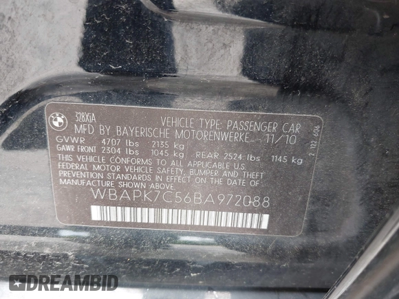 2011 BMW 3 Series 328i xDrive z VIN WBAPK7C56BA972088, wystawiony jako IAAI lot #42123166 z przebiegiem Nie podano mil oraz . Historia ofert i sprzedaży dostępna na DreamBid. Obrazek 9.