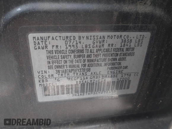 2014 Nissan Sentra SV with VIN 3N1AB7AP5EY278198, listed as a IAAI auction lot 42491250 with 154,250 mi miles and . Bid and sale history available at DreamBid. Image 9.