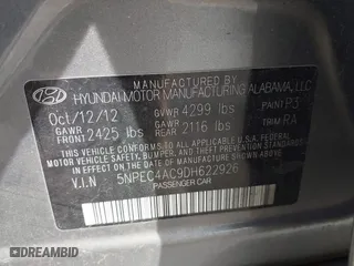 2013 Hyundai Sonata SE with VIN 5NPEC4AC9DH622926, listed as a IAAI auction lot 41950404 with 81,997 mi miles. Bid and sale history available at carsss.com. Image 9.