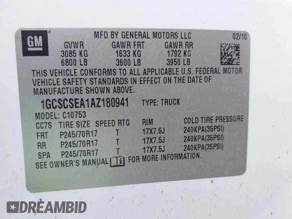2010 Chevrolet Silverado 1500 LT with VIN 1GCSCSEA1AZ180941, listed as a IAAI auction lot 41885779 with 131,692 mi miles and . Bid and sale history available at DreamBid. Image 9.