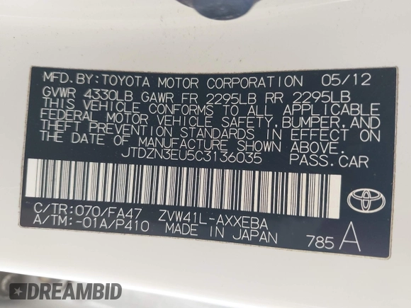 2012 Toyota Prius Two z VIN JTDZN3EU5C3136035, wystawiony jako IAAI lot #42129181 z przebiegiem 111 237 mil mil oraz . Historia ofert i sprzedaży dostępna na DreamBid. Obrazek 9.