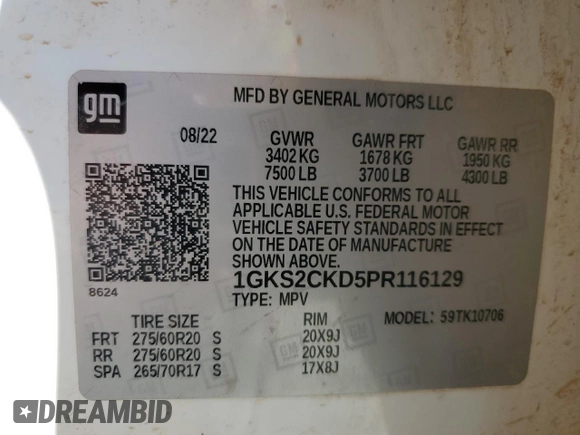 2023 GMC Yukon AT4 with VIN 1GKS2CKD5PR116129, listed as a Copart auction lot 77092244 with 47,442 mi miles and Salvage Title. Bid and sale history available at carsss.com. Image 16.