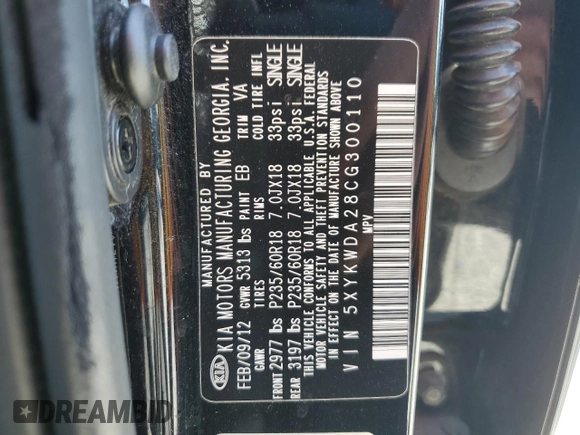 2012 Kia Sorento SX with VIN 5XYKWDA28CG300110, listed as a Copart auction lot 57994995 with 120,228 mi miles and Salvage title. Bid and sale history available at DreamBid. Image 13.