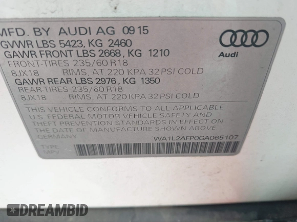 2016 Audi Q5 Premium Plus with VIN WA1L2AFP0GA065107, listed as a IAAI auction lot 42289335 with 157,002 mi miles and . Bid and sale history available at DreamBid. Image 9.