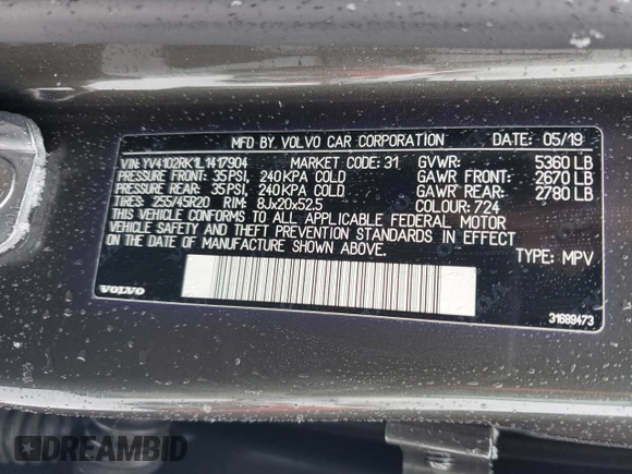 2020 Volvo XC60 Momentum with VIN YV4102RK1L1417904, listed as a Copart auction lot 43446415 with 140,689 mi miles and Salvage title. Bid and sale history available at DreamBid. Image 13.