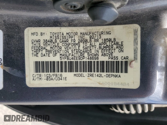 2013 Toyota Corolla L with VIN 5YFBU4EE9DP148698, listed as a Copart auction lot 53321195 with 181,945 mi miles and Clean Title. Bid and sale history available at carsss.com. Image 12.