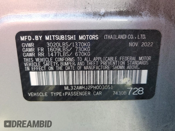 2023 Mitsubishi Mirage Black Edition z VIN ML32AWHJ2PH003051, wystawiony jako Copart lot #53001795 z przebiegiem 28 853 mil mil oraz Szkoda całkowita • Salvage title. Historia ofert i sprzedaży dostępna na DreamBid. Obrazek 13.