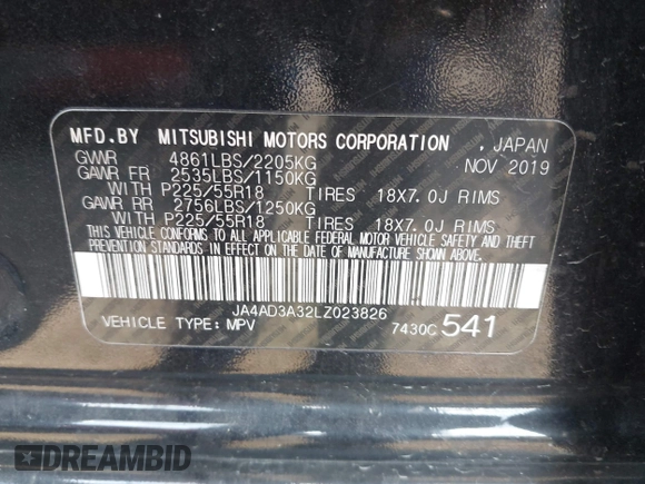 2020 Mitsubishi Outlander SE with VIN JA4AD3A32LZ023826, listed as a IAAI auction lot 42073015 with Not provided miles and . Bid and sale history available at DreamBid. Image 9.