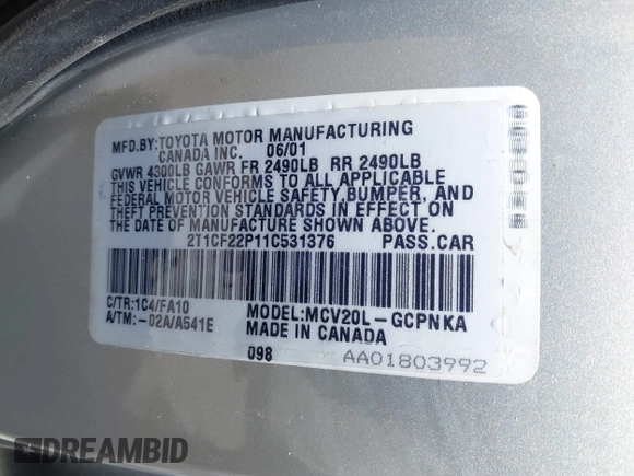 2001 Toyota Solara SE with VIN 2T1CF22P11C531376, listed as a IAAI auction lot 42572361 with 226,395 mi miles and . Bid and sale history available at DreamBid. Image 9.