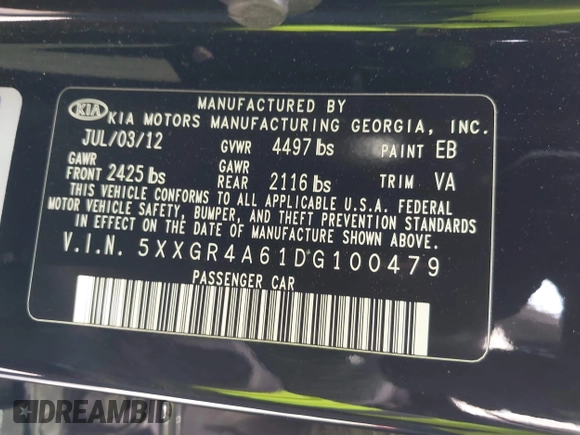 2013 Kia Optima SX with VIN 5XXGR4A61DG100479, listed as a IAAI auction lot 42376261 with 201,615 mi miles and . Bid and sale history available at DreamBid. Image 9.