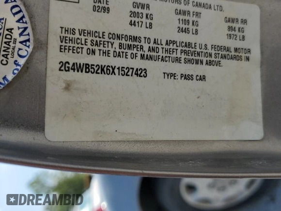 1999 Buick Regal LS with VIN 2G4WB52K6X1527423, listed as a Copart auction lot 68923674 with 0 mi miles and Salvage Title. Bid and sale history available at carsss.com. Image 12.