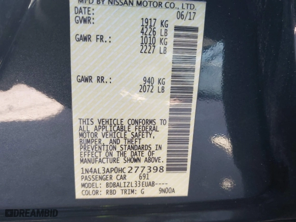 2017 Nissan Altima 2.5 SV with VIN 1N4AL3AP0HC277398, listed as a IAAI auction lot 40918944 with 214,412 mi miles. Bid and sale history available at carsss.com. Image 9.