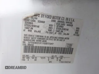 2000 Ford F-250 XL with VIN 1FTNW21F1YEB77397, listed as a IAAI auction lot 41934134 with 344,782 mi miles and . Bid and sale history available at DreamBid. Image 9.