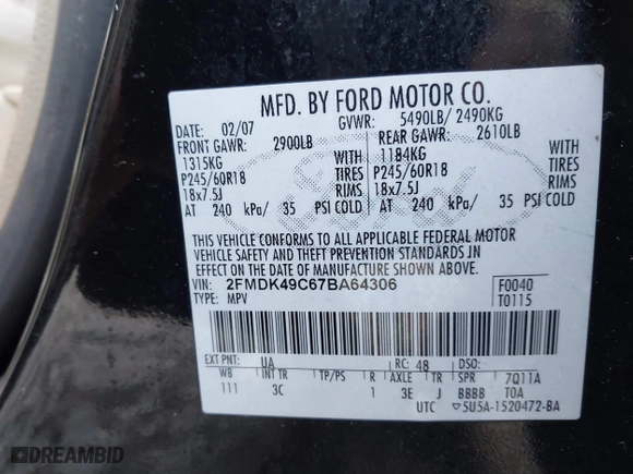 2007 Ford Edge SEL PLUS with VIN 2FMDK49C67BA64306, listed as a IAAI auction lot 41704309 with 216,627 mi miles. Bid and sale history available at carsss.com. Image 9.