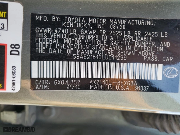 2020 Lexus ES with VIN 58AE21B10LU011299, listed as a Copart auction lot 45677455 with NaN miles and Salvage Title. Bid and sale history available at carsss.com. Image 13.