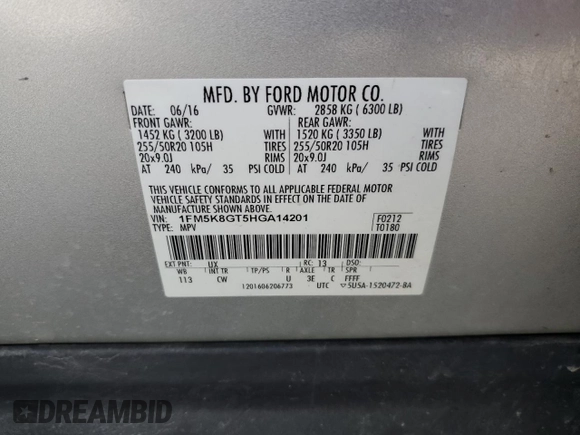 2017 Ford Explorer Sport with VIN 1FM5K8GT5HGA14201, listed as a Copart auction lot 55025635 with 116,415 mi miles and Salvage Title. Bid and sale history available at carsss.com. Image 14.
