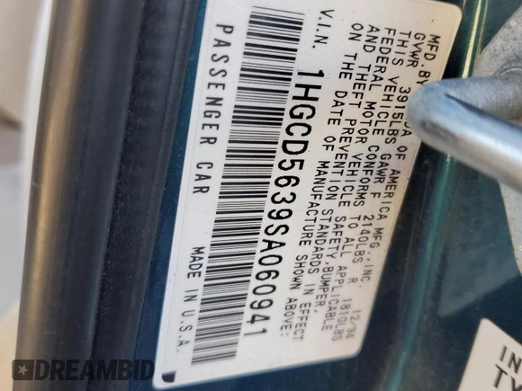 1995 Honda Accord LX with VIN 1HGCD5639SA060941, listed as a Copart auction lot 47767745 with 247,337 mi miles and Salvage Title. Bid and sale history available at DreamBid. Image 12.