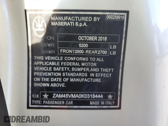 2019 Maserati GranTurismo Sport with VIN ZAM45VMA0K0318444, listed as a Copart auction lot 67703644 with Not provided miles and Non repairable. Bid and sale history available at DreamBid. Image 12.