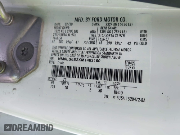 2021 Ford Transit Connect XL with VIN NM0LS6E2XM1483160, listed as a IAAI auction lot 41476226 with Not provided miles and . Bid and sale history available at DreamBid. Image 9.