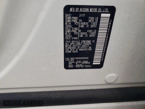 2017 Nissan Armada SL with VIN JN8AY2ND6H9006806, listed as a Copart auction lot 43195265 with 126,955 mi miles and Salvage Title. Bid and sale history available at carsss.com. Image 13.