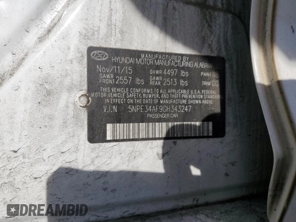 2016 Hyundai Sonata Sport with VIN 5NPE34AF9GH343247, listed as a Copart auction lot 54919635 with Not Provided miles and Salvage Title. Bid and sale history available at DreamBid. Image 12.