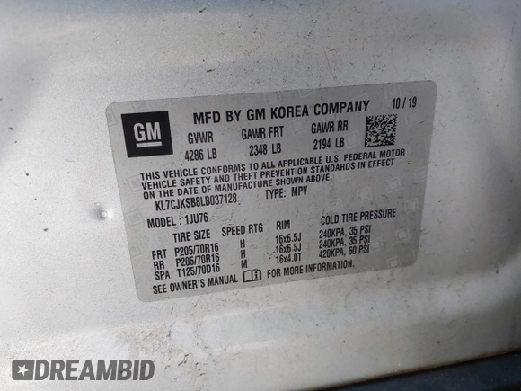 2020 Chevrolet Trax LS with VIN KL7CJKSB8LB037128, listed as a IAAI auction lot 41761398 with 134,909 mi miles. Bid and sale history available at carsss.com. Image 9.