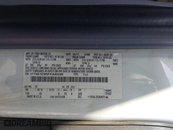 2015 Ford Transit Cargo with VIN 1FTNE1ZM0FKA90248, listed as a IAAI auction lot 41995824 with 157,085 mi miles. Bid and sale history available at carsss.com. Image 9.