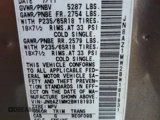 2011 Nissan Murano S with VIN JN8AZ1MW2BW181931, listed as a Copart auction lot 55060425 with 177,811 mi miles and Salvage Title. Bid and sale history available at DreamBid. Image 14.