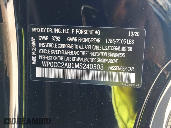 2021 Porsche 718 Spyder with VIN WP0CC2A81MS240303, listed as a IAAI auction lot 41358258 with 7,525 mi miles and . Bid and sale history available at DreamBid. Image 9.