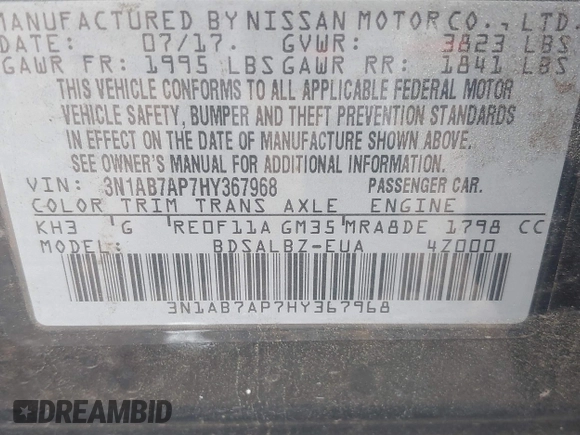 2017 Nissan Sentra S with VIN 3N1AB7AP7HY367968, listed as a IAAI auction lot 41943253 with 135,582 mi miles and . Bid and sale history available at DreamBid. Image 9.