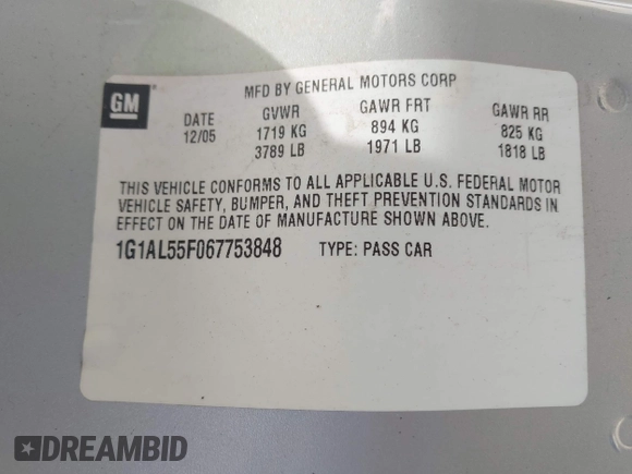 2006 Chevrolet Cobalt LT with VIN 1G1AL55F067753848, listed as a IAAI auction lot 42150212 with 110,860 mi miles and . Bid and sale history available at DreamBid. Image 9.