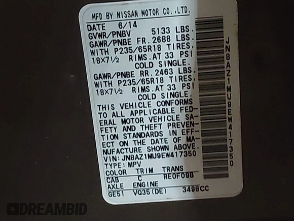 2014 Nissan Murano SV with VIN JN8AZ1MU9EW417350, listed as a IAAI auction lot 42138090 with 178,652 mi miles and . Bid and sale history available at carsss.com. Image 9.
